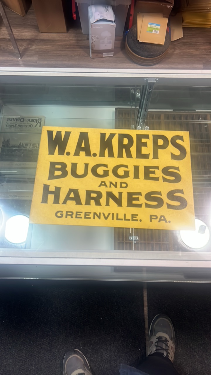 lot 57 image: W.A. KREPS BUGGIES AND HARNESS GREENVILLE, PA. advertising sign