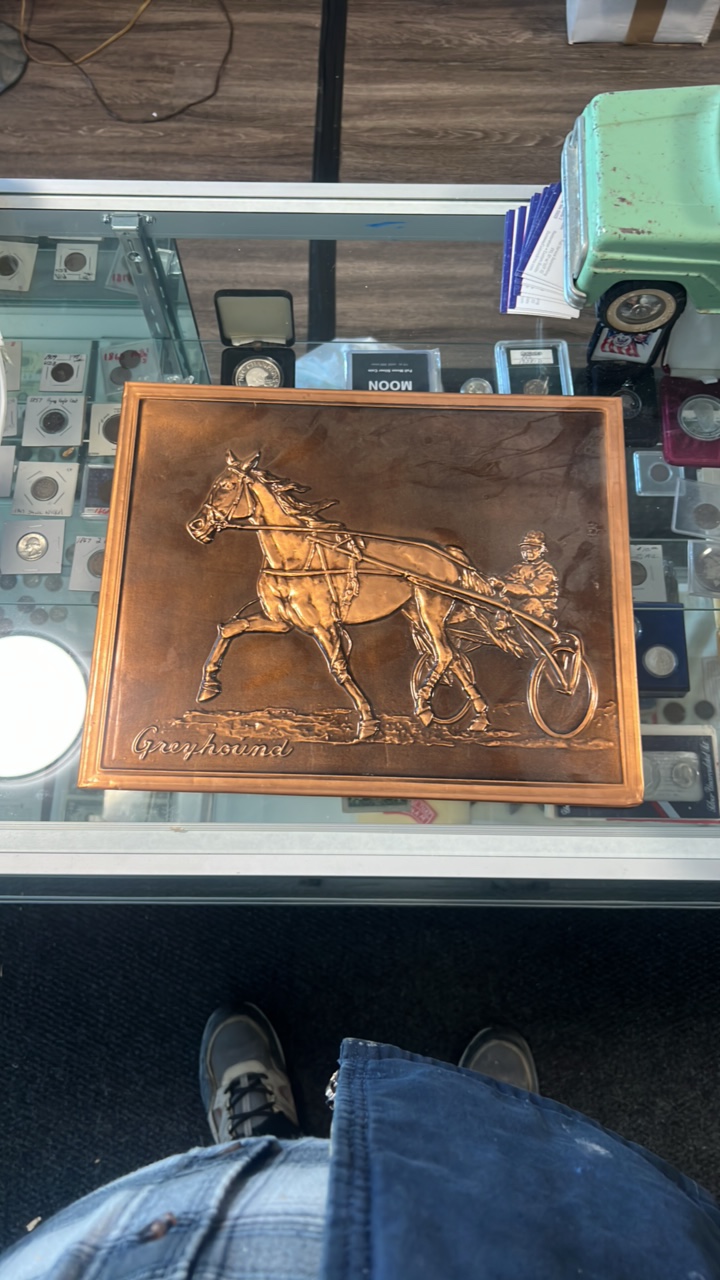lot 72 image: copper greyhound horse racing decoration