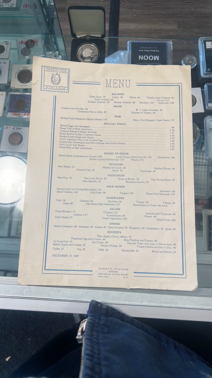 lot 77 image: 1937 oriental park marianao menu