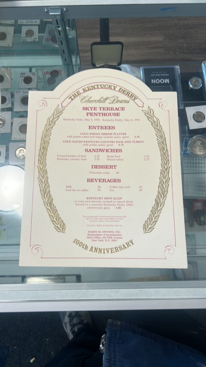 lot 80 image: 1974 Kentucky derby 100th anniversary Churchill downs menu