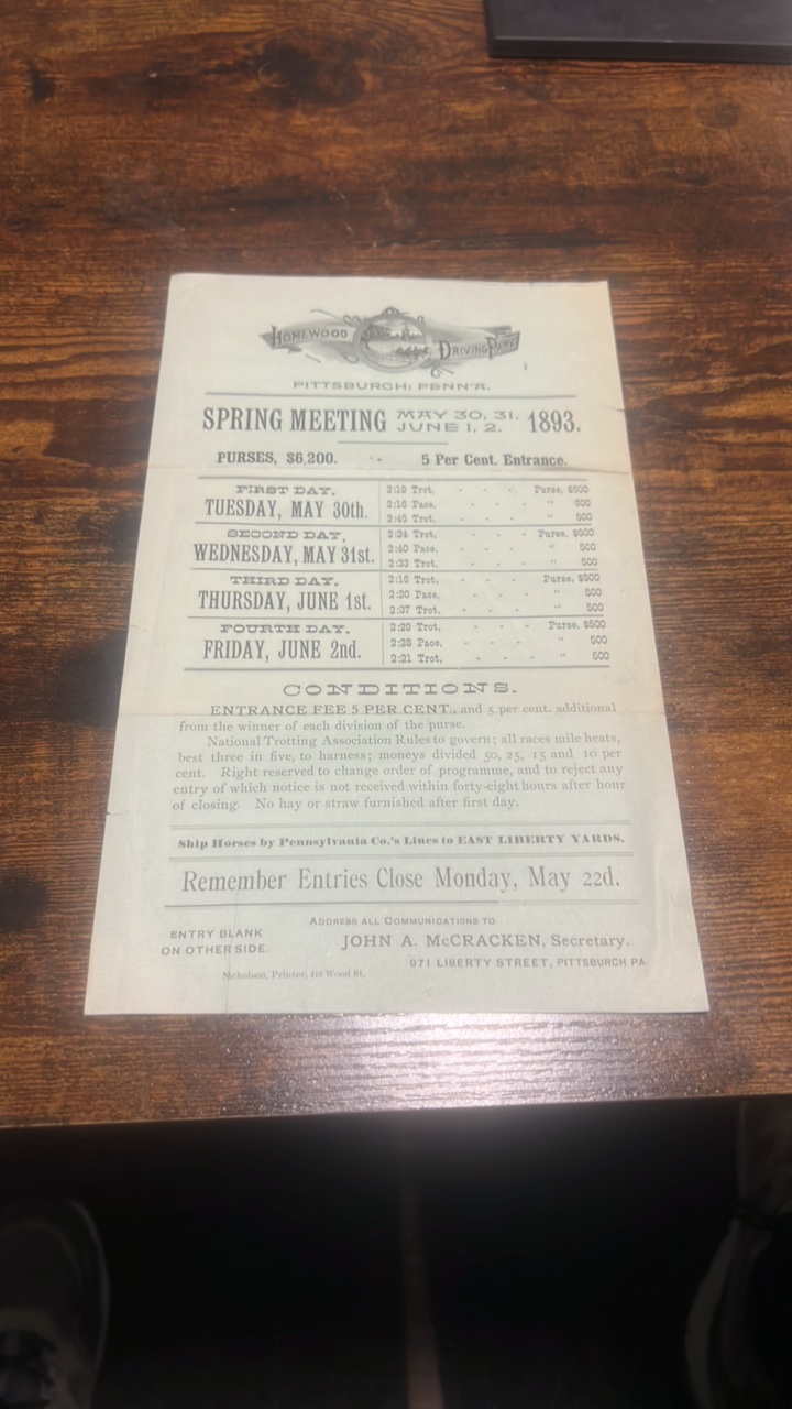lot 88 image: 1893 homewood driving park Pittsburgh pa spring meeting blank entry form
