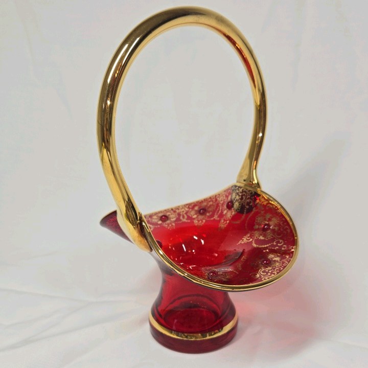 lot 100 image: Vintage Ruby Red Glass Basket Vase  Gold Overlay Floral Design with Handle