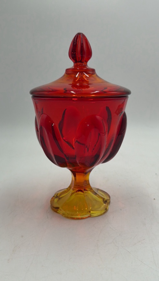 lot 115 image: Vintage Amber & Ruby Red Glass Candy Jar  Floral Relief with Finial Lid