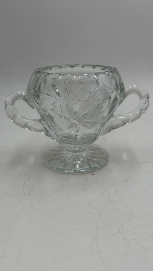 lot 118 image: Vintage Crystal Sugar Bowl  Etched Butterfly & Floral Design, Two Handles