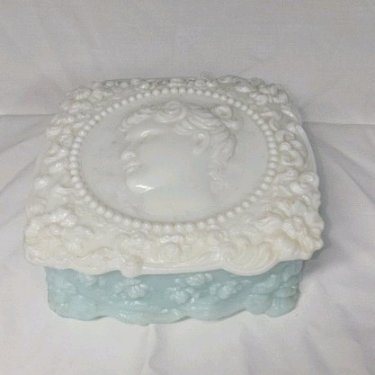 lot 120 image: Vintage Milk Glass & Blue Cameo Jewelry Box  Lady Profile Lid with Floral Relief