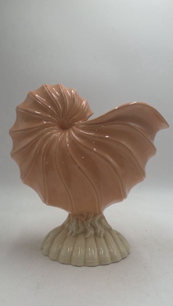 lot 126 image: Vintage Ceramic Nautilus Shell Vase  Ridged Pink & Cream Design with Base