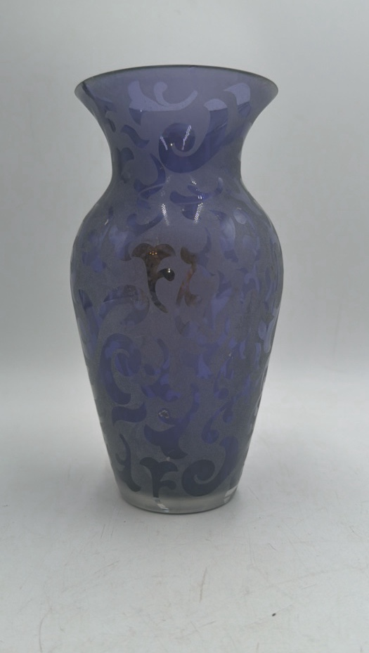lot 131 image: Vintage Cobalt Blue Glass Vase  Etched Floral Scroll Design, Michael Weems Collection