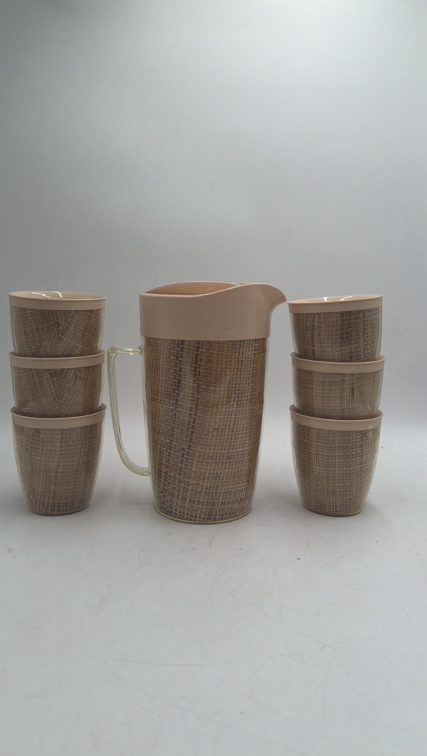 lot 132 image: Vintage Burlap Wrapped Pitcher & Tumbler Set