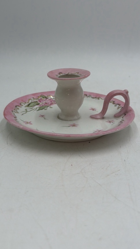 lot 140 image: Vintage French Porcelain Chamberstick  Mini Candlestick with Floral Design