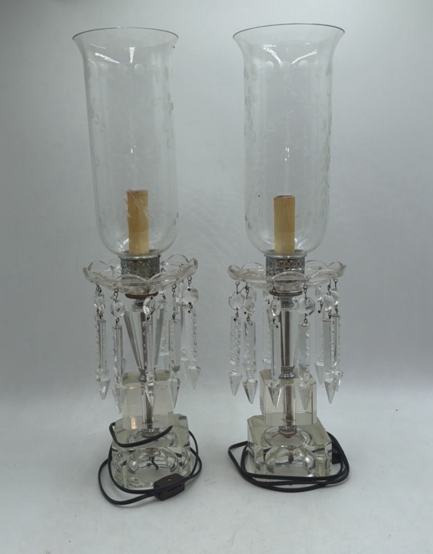 lot 148 image: Vintage Pair of Crystal Table Lamps with Hurricane Shades