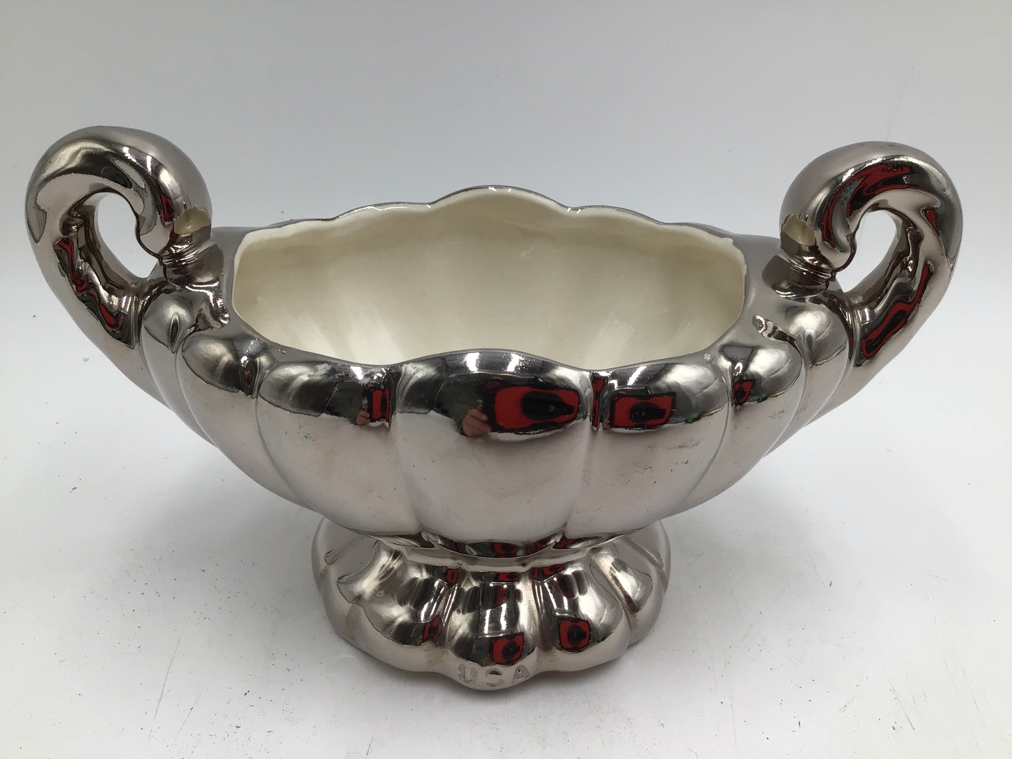 lot 171 image: Vintage Silver-Plated Porcelain Creamer or Sauce Boat with Floral