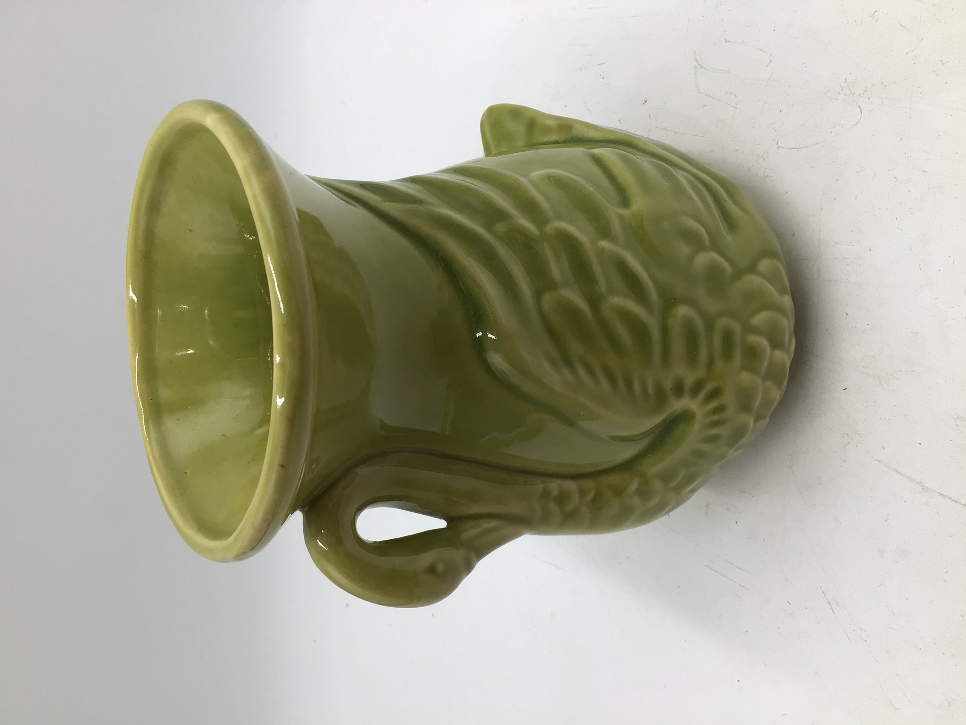 lot 181 image: Vintage USA Green Glazed Swan Handle Pitcher