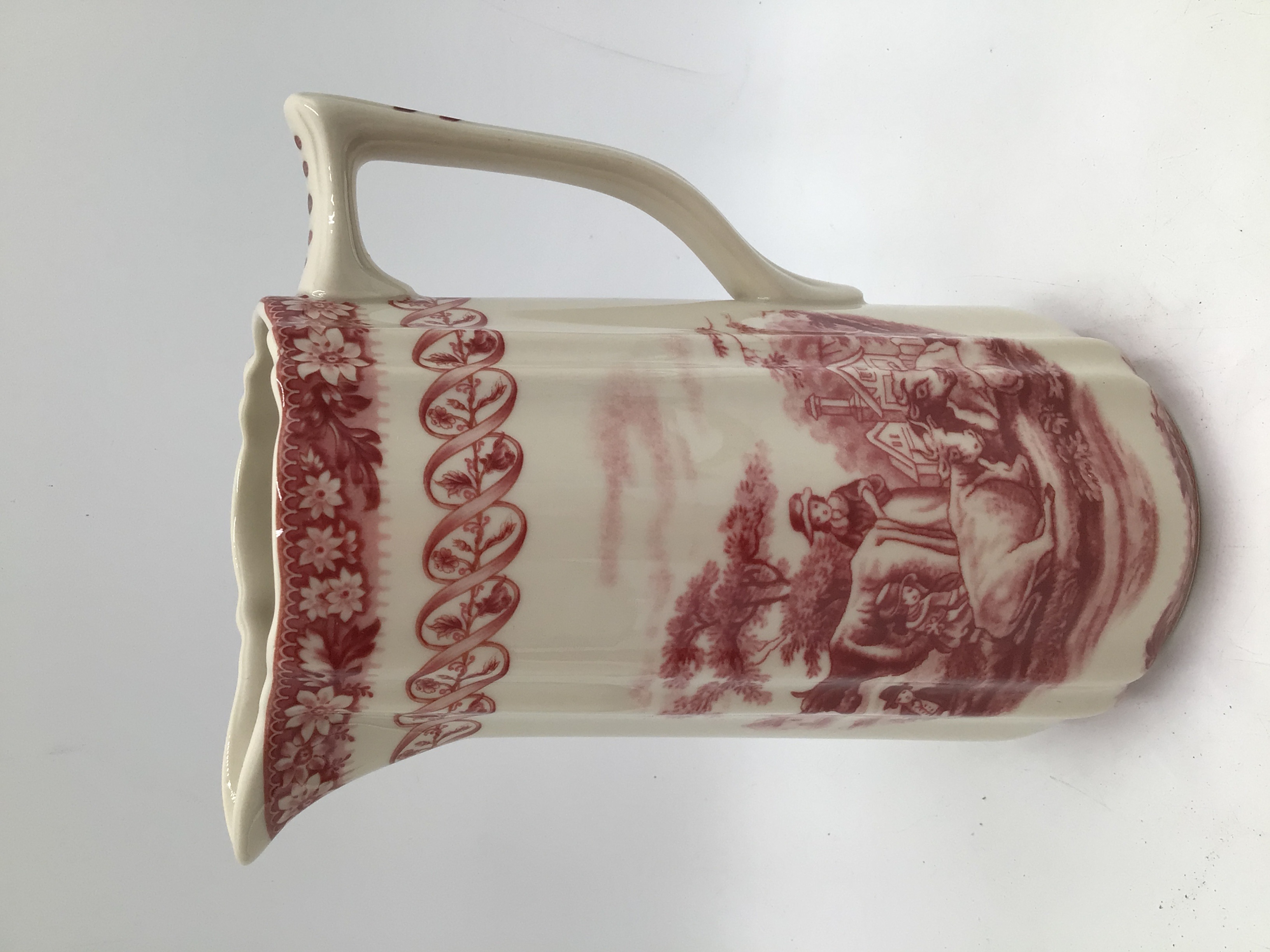 lot 182 image: Vintage Red Transferware Pitcher with Pastoral Scene