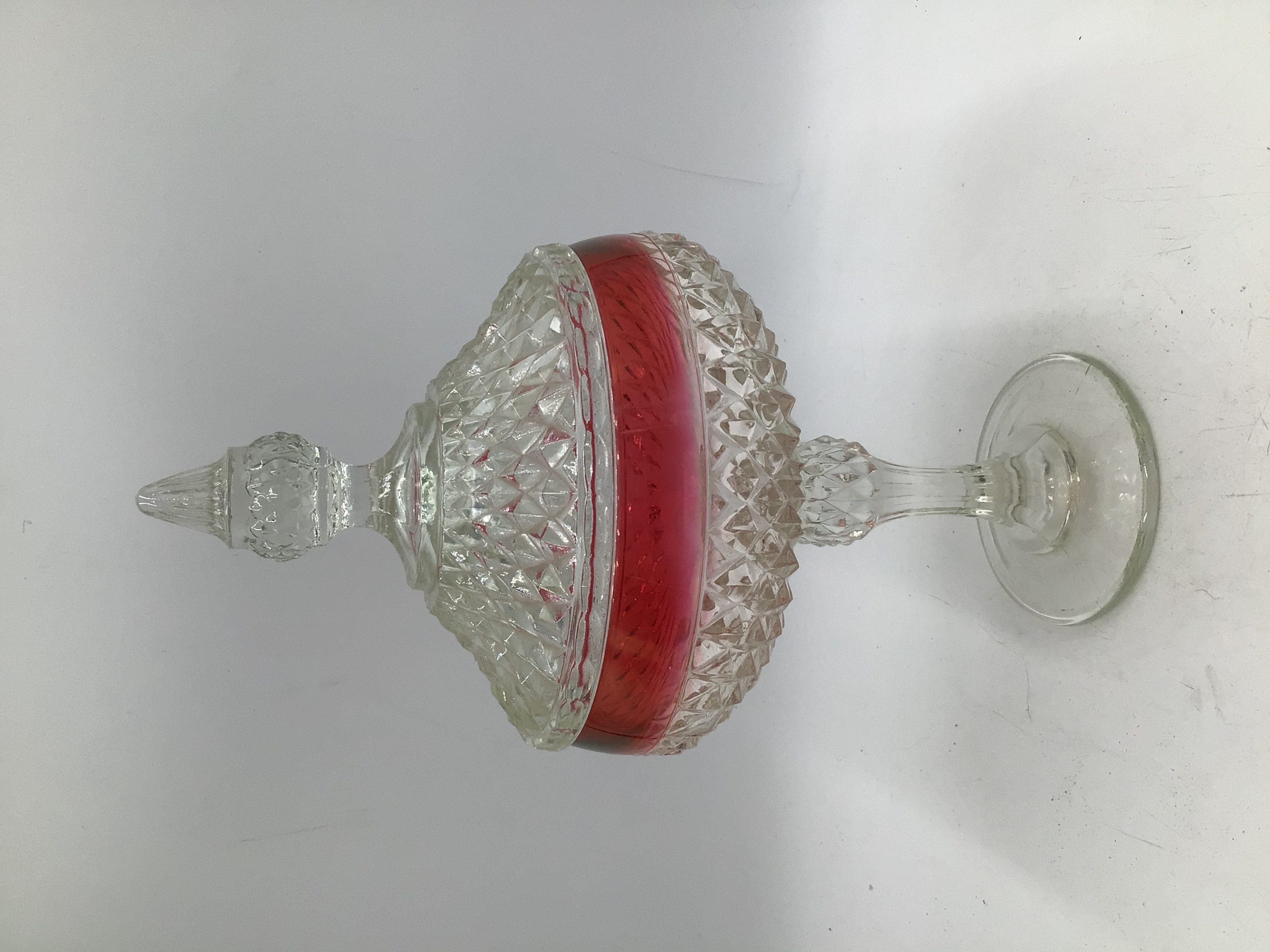 lot 183 image: Vintage Ruby Red and Clear Glass Covered Candy Dish Compote