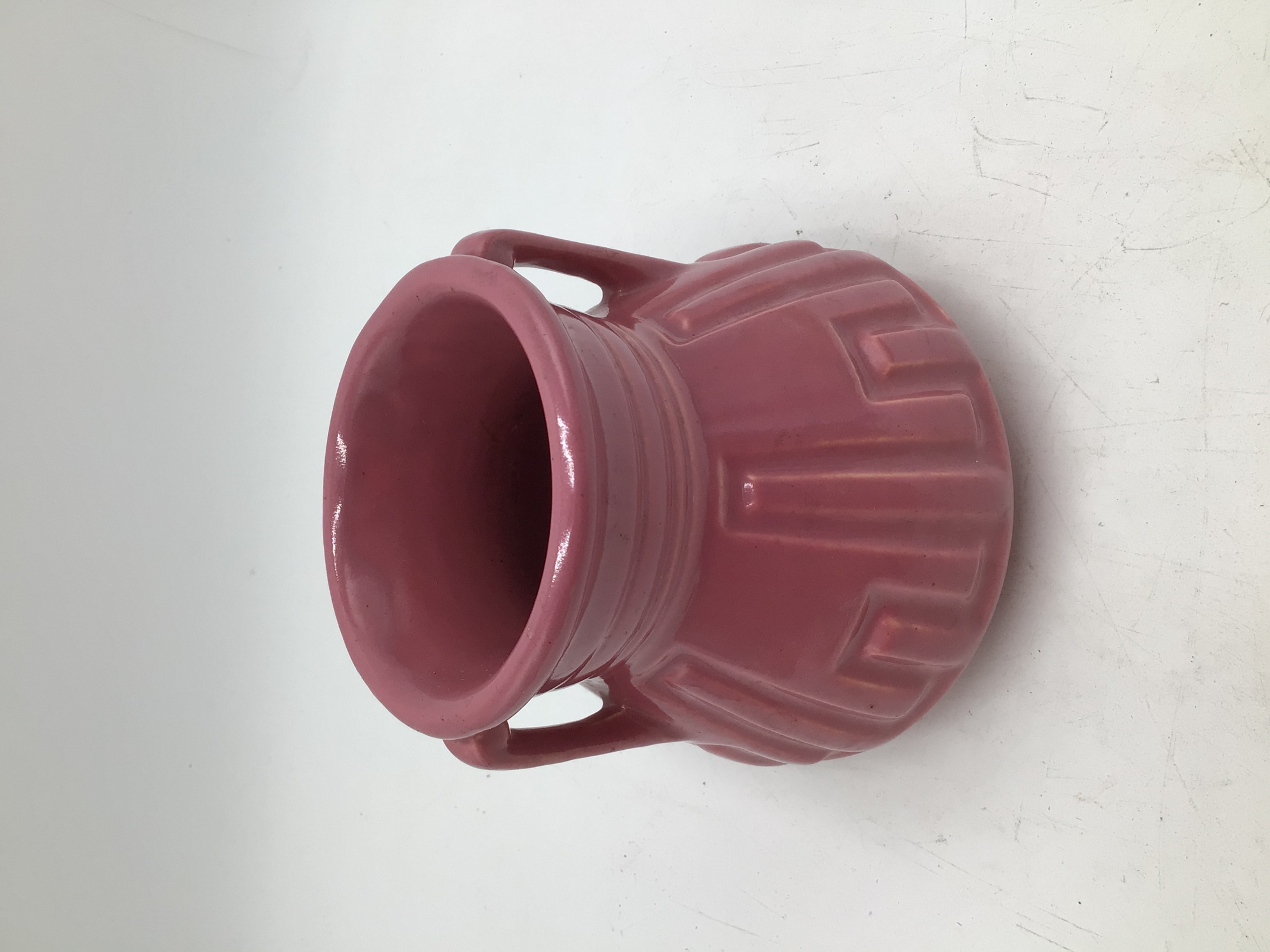 lot 198 image: Vintage Roseville Pottery Handled Vase in Rose Color