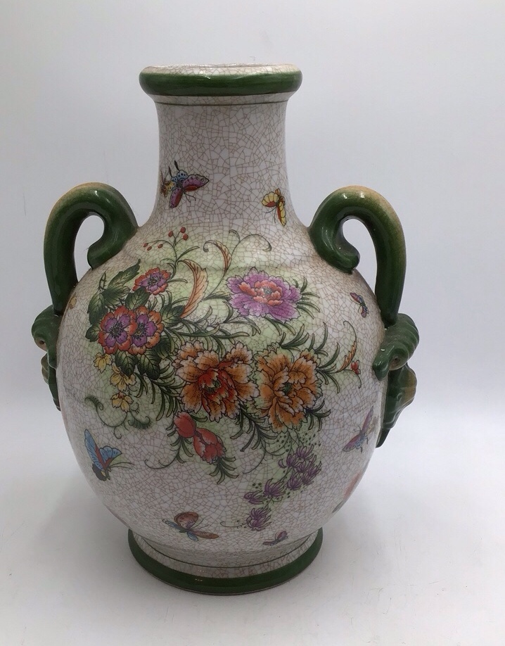 lot 201 image: Chinese Crackle Glaze Vase with Floral and Butterfly Motifs Green Handles