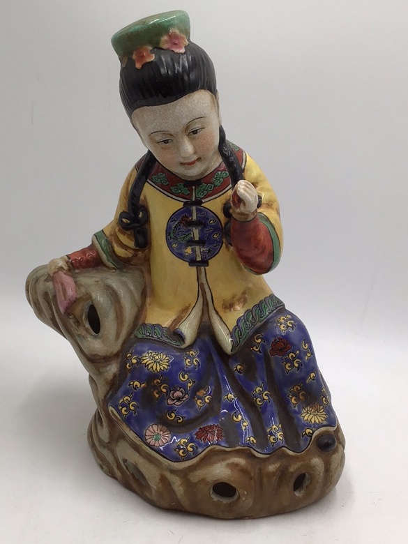lot 202 image: Vintage Chinese Porcelain Figurine Girl Riding Carp Incense Burner Crackle Glaze