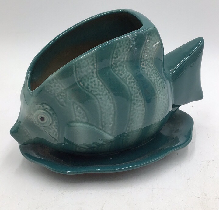 lot 207 image: Vintage Teal Ceramic Fish Planter or Planter Pot Angelfish Shape with Saucer