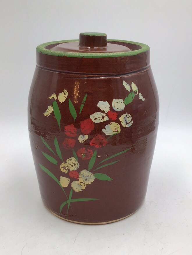 lot 208 image: Vintage Brown Glazed Ceramic Canister with Hand-Painted Floral Design Green Lid
