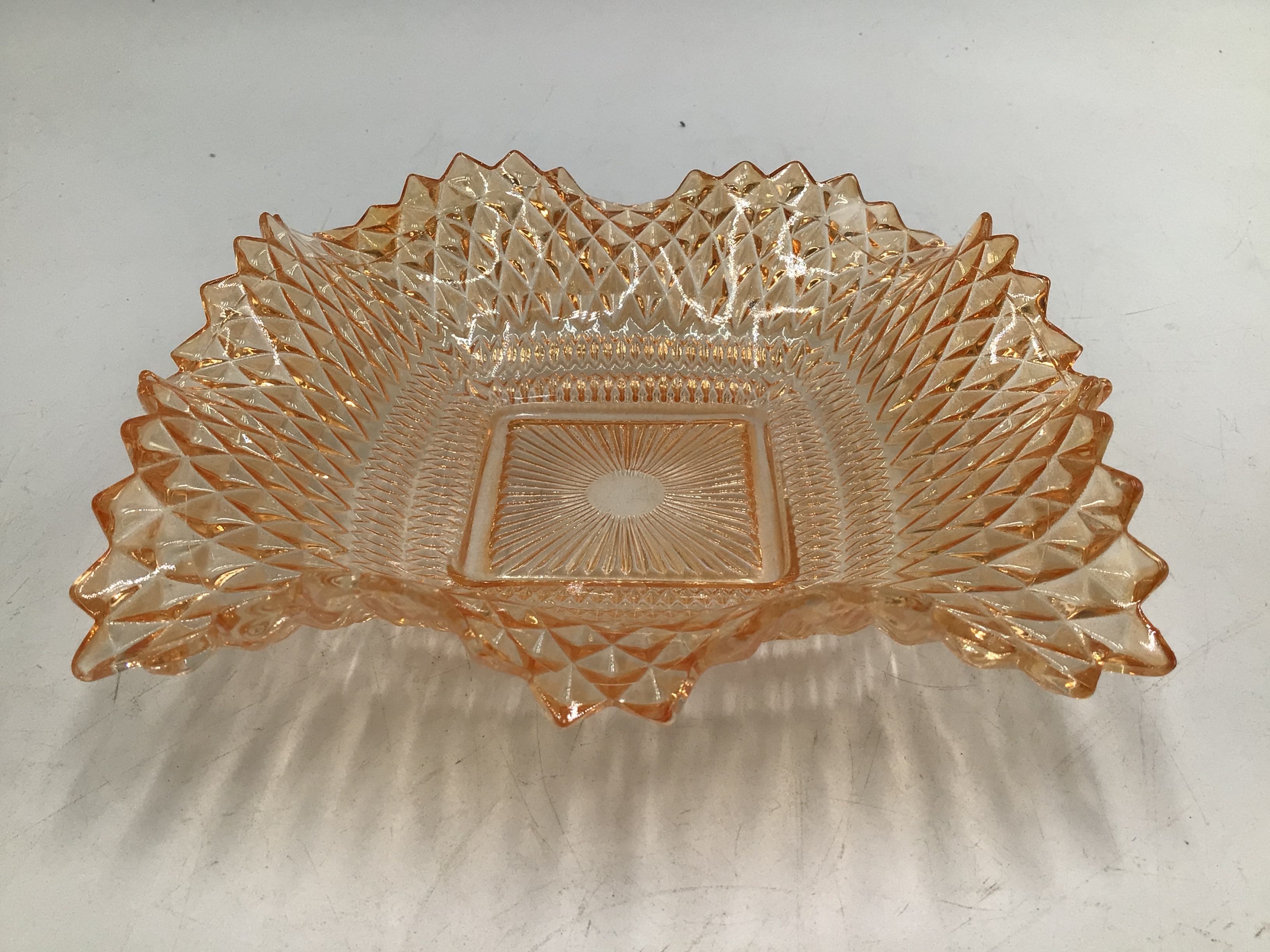 lot 21 image: Vintage Amber Pressed Glass Diamond Quilted Dish