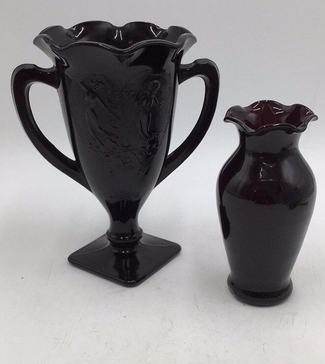 lot 230 image: Vintage Black Amethyst Glass Vase Set Hand-Painted Fairy Motif Scalloped Rim & Bud Vase