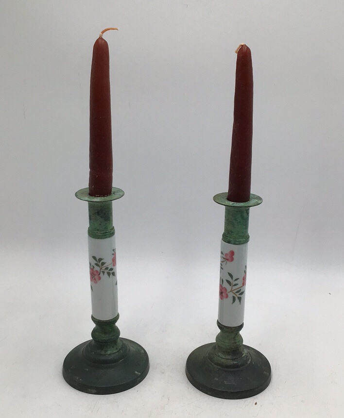 lot 232 image: Vintage Painted Metal Candlesticks Green Patina Floral Porcelain Sleeves Pair
