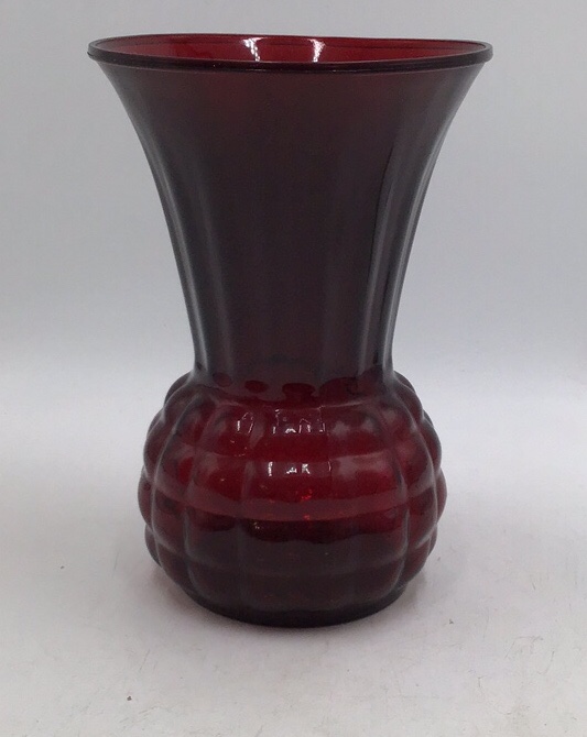 lot 233 image: Vintage Ruby Red Glass Vase Flared Scalloped Rim Hobnail Base Depression Style