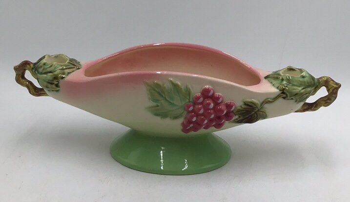 lot 238 image: Vintage Tokay USA Pink Grape Leaf Boat Planter Relish Dish Applied Handles
