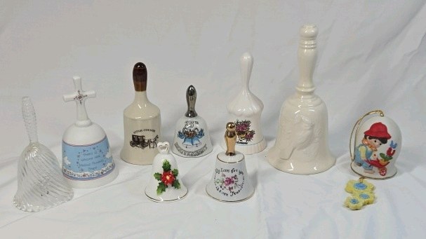 lot 240 image: Vintage Porcelain & Glass Collectible Bells Assortment