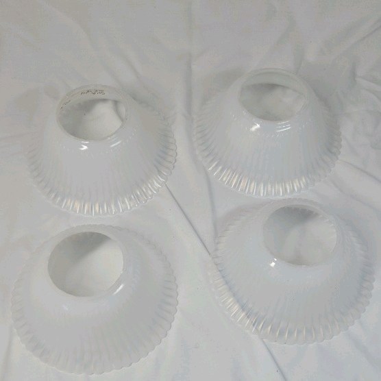 lot 244 image: Vintage White Milk Glass Lamp Shades Set Ruffled Ribbed Scalloped Edge 4 Pieces