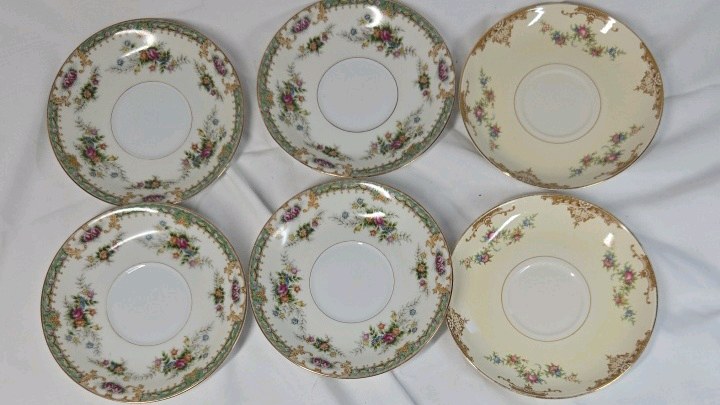 lot 245 image: Vintage Floral Saucer Set Gold Trim Hand-Painted Roses & Bouquets 6 Pieces