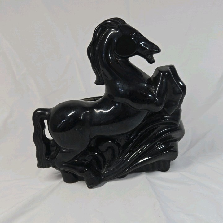 lot 247 image: Vintage Black Ceramic Rearing Horse Planter Glossy Glaze Open Back Novelty