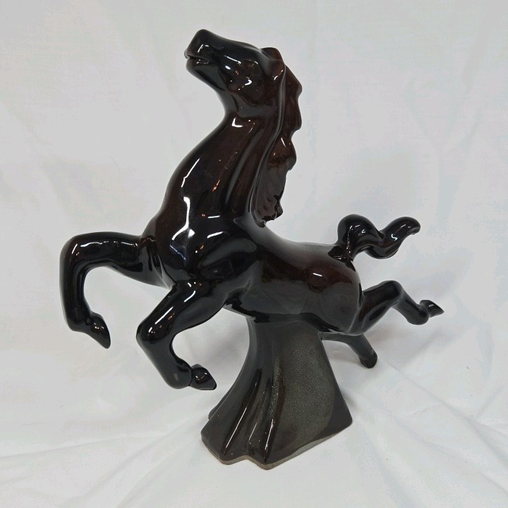 lot 249 image: Vintage Black Glossy Ceramic Rearing Stallion Horse Planter Open Cavity Novelty