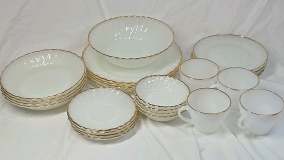 lot 250 image: Vintage Fire-King Milk Glass Dinnerware Set Gold Trim Scalloped Edges