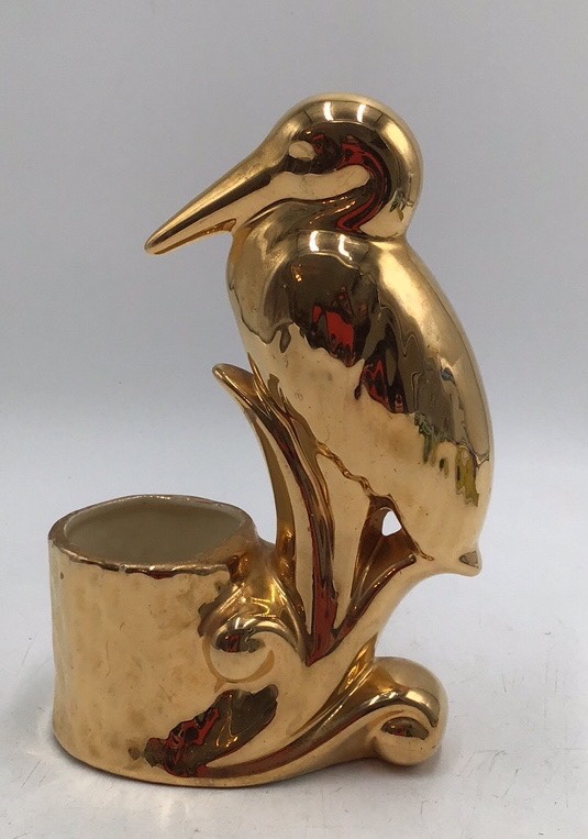 lot 257 image: Vintage Gold Luster Ceramic Bird Planter  Heron or Crane Style