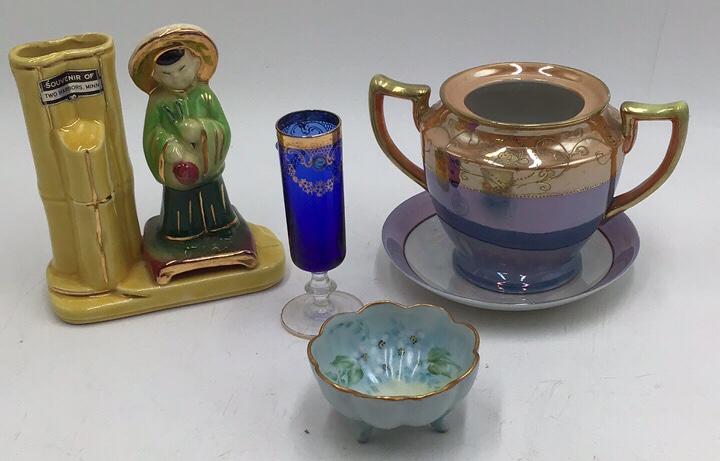 lot 267 image: Vintage Ceramic Lot  Souvenir Bamboo Vase, Chinese Boy Figurine, Blue Cordial, Lusterware Sugar Bowl & Saucer, Footed Porcelain Bowl
