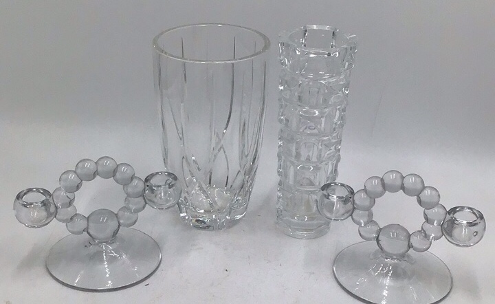 lot 270 image: Vintage Crystal Glass Lot  Tall Vase, Bobble Bead Candlesticks & Fluted Vase