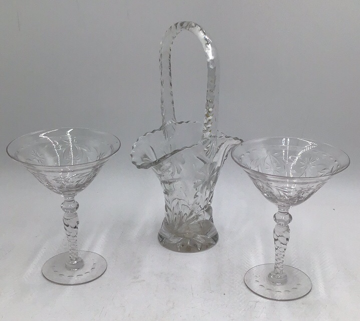 lot 272 image: Vintage Crystal Glass Basket & Pair of Compotes  Floral Etched Design