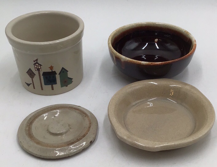 lot 274 image: Vintage Bellmira Pottery Mismatched Pieces  Lidded Crock & Drip-Glaze Bowl