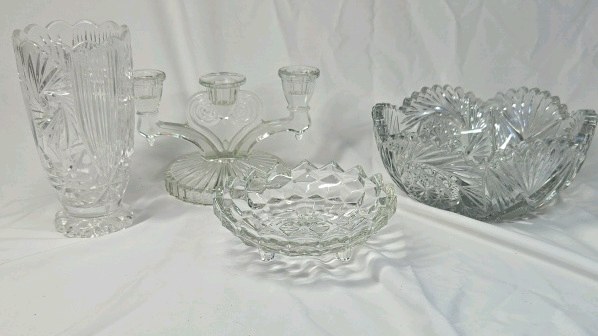 lot 278 image: Vintage Crystal Glass Lot  Etched Vase, Candelabra, & Floral Bowls