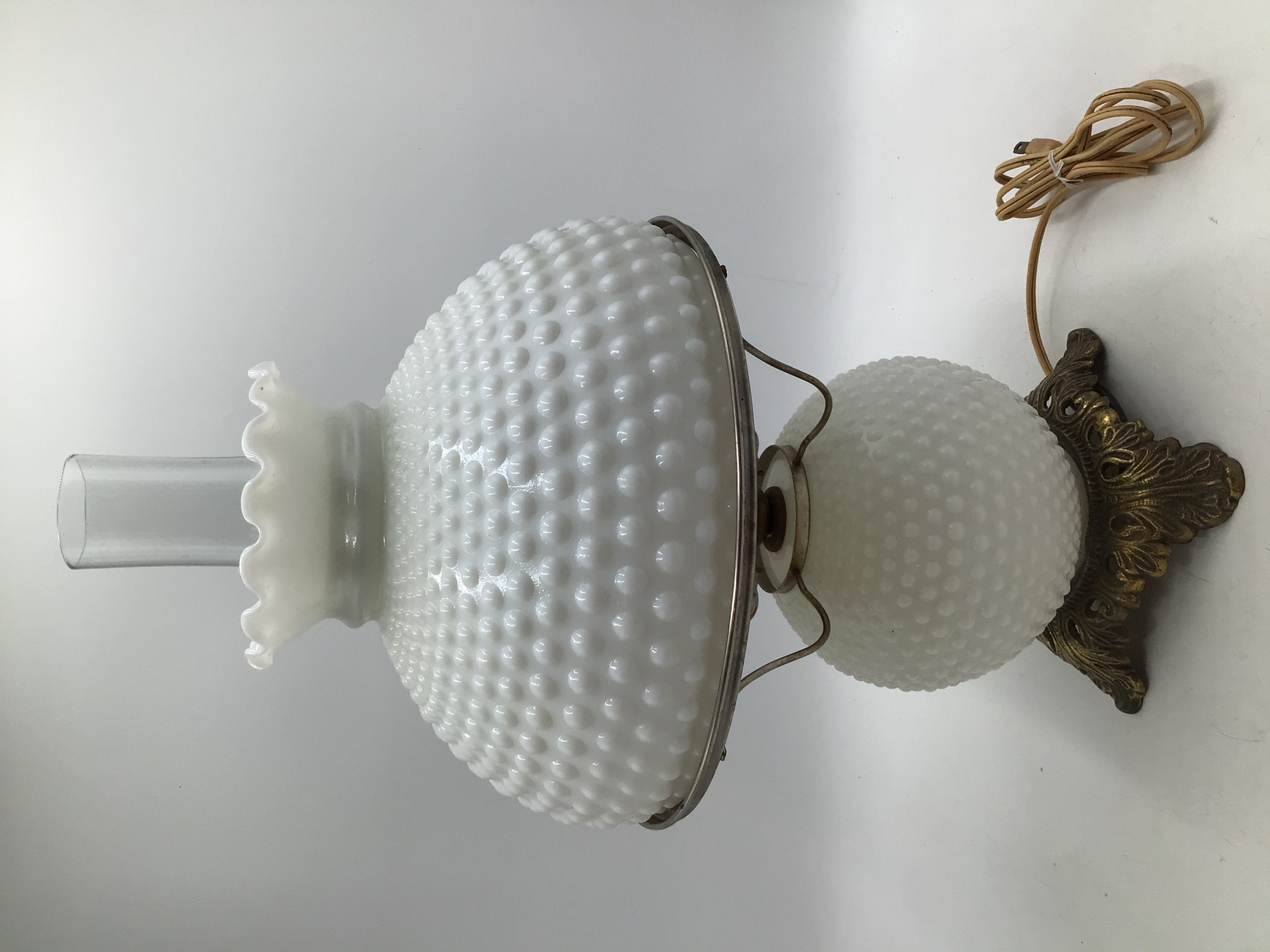 lot 6 image: Vintage Hobnail Milk glass Hurrican Lamp