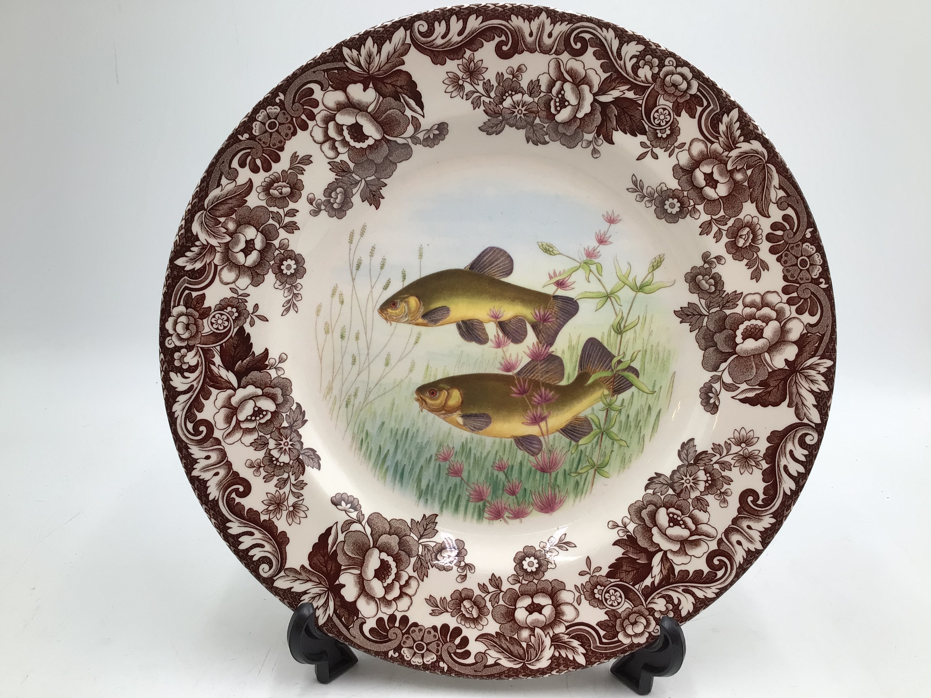 lot 76 image: Spode Woodland Stream Tench Dinner Plate  Brown Transferware Fish & Floral Design