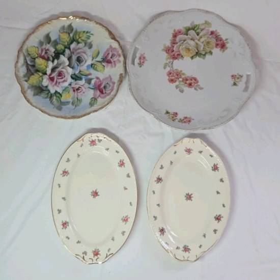 lot 80 image: Vintage Floral Serving Platters  Mismatched Rose & Cabbage Rose Designs