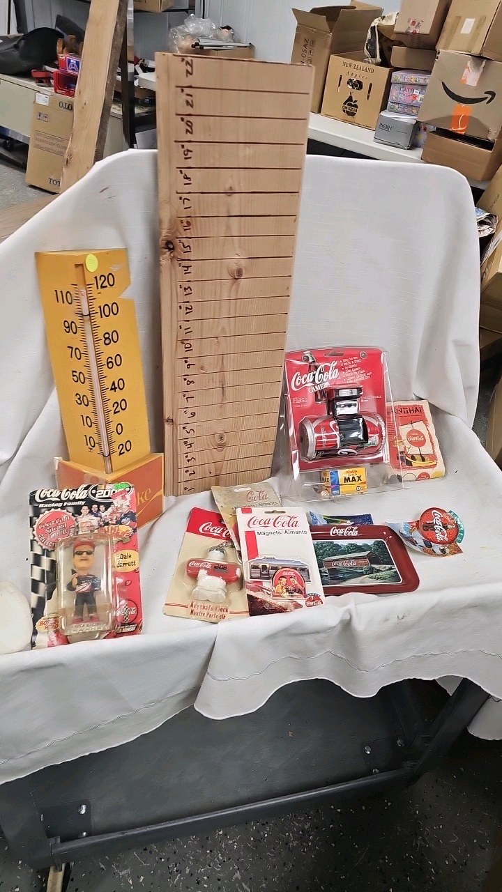 lot 112 image: Coca Cola Vintage Thermometer, Bobble Head, Magnets, Bottle Opener