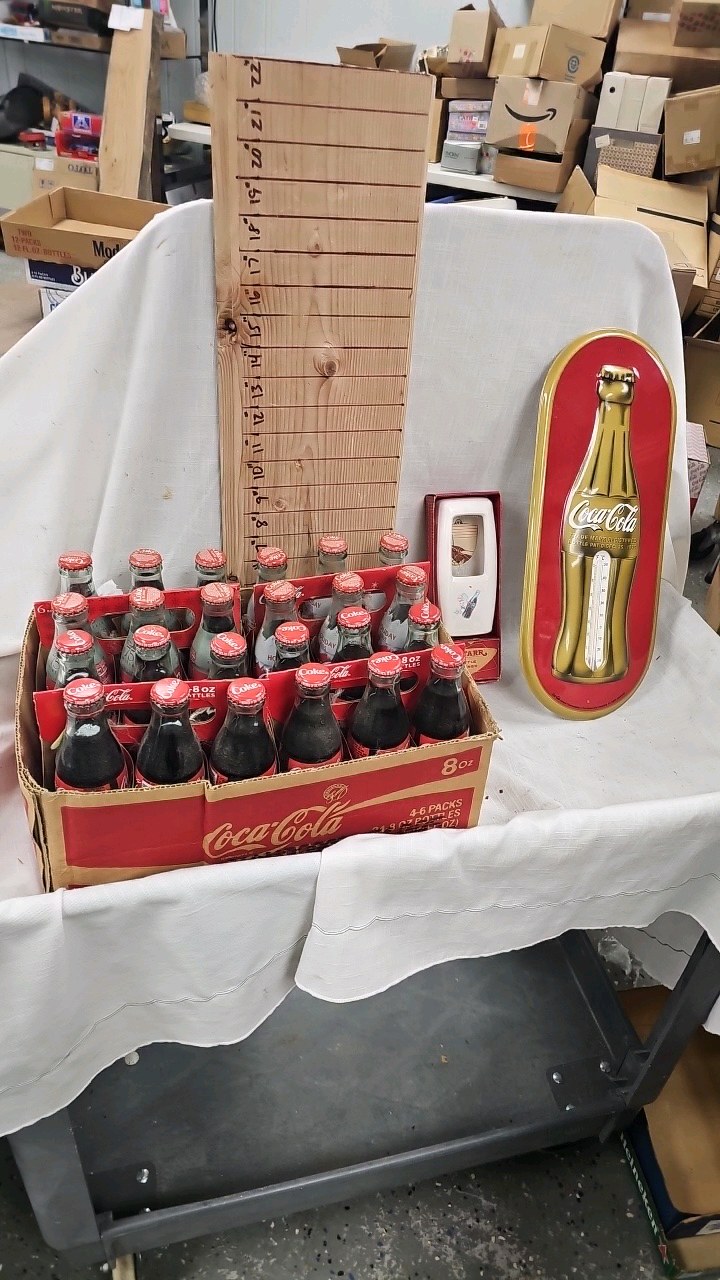 lot 118 image: Coca Cola Themometer, Bottle Opener, 4 cases bottles
