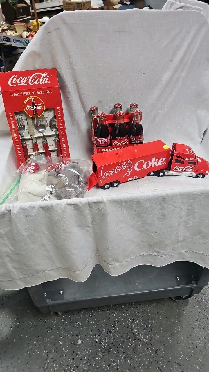 lot 136 image: Coke Silverware Set, Semi and Trailer, Nascar Themed Bottles