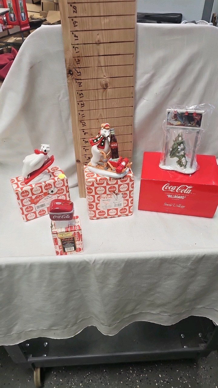 lot 15 image: Coke Bear Figures, Snow Village Billboard- Soda Fountain