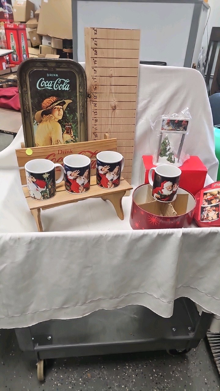 lot 16 image: Coke Snow Village Billboard, Decorative Bench, Trays and Misc