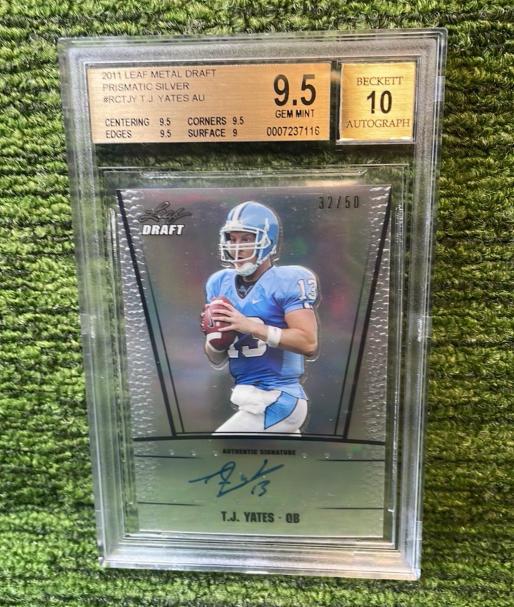 lot 122 image: 2011 Leaf Metal Draft Prismatic Silver T.J.Yates QB 50 Beckett graded 10