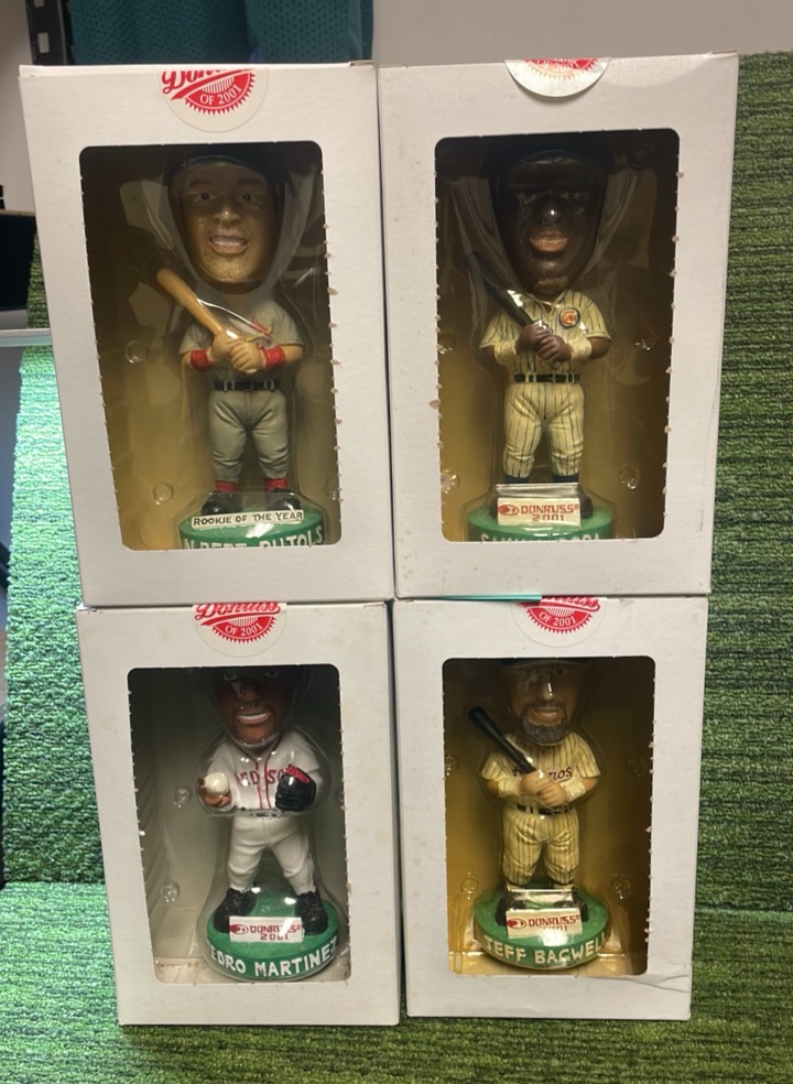 lot 140 image: 2001 Donruss Bobble Heads Albert Pujols, Sammy Sosa, Pedro Martinez, Jeff Bagwell